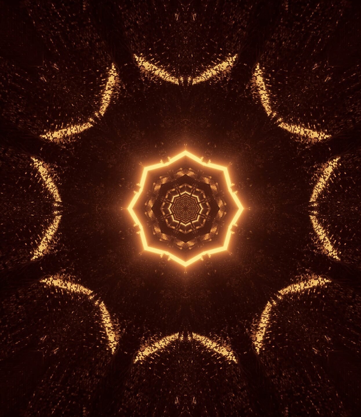 Home futuristic science fiction octagon mandala design with brown and gold lights